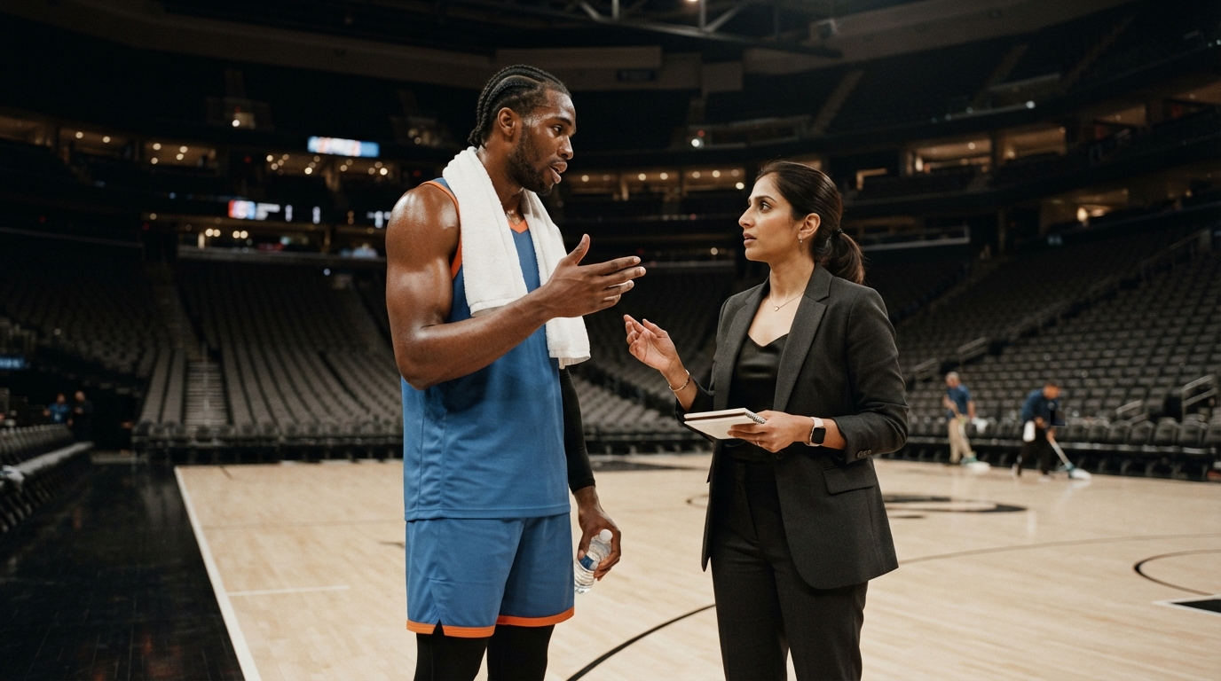 An agent and a player in conversation courtside after a game.