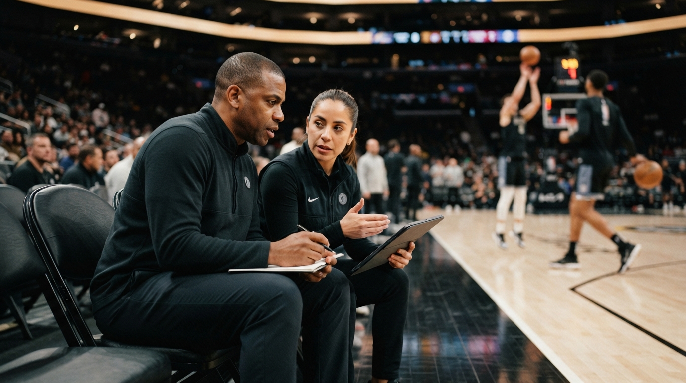 A head coach and a scout courtside, reviewing a roster together between plays.