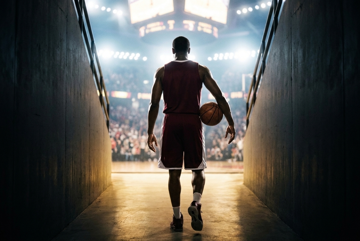 A player walking out of the tunnel towards a floodlit arena, ball in hand.