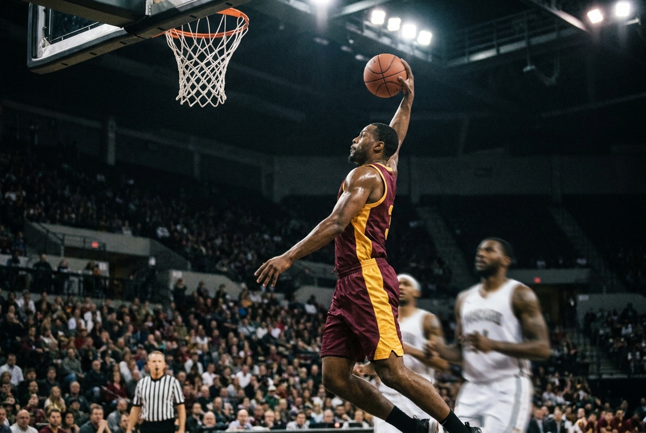 A basketball player rising to finish at the rim in a packed professional arena.